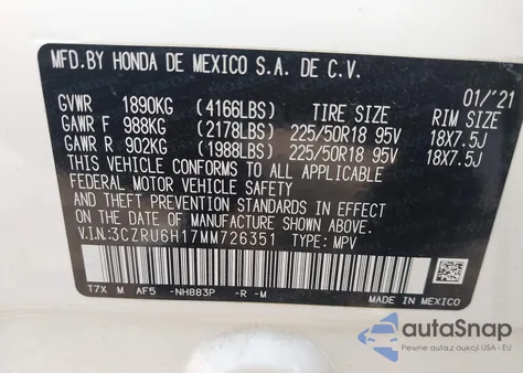 2021 Honda Hr-V Awd Sport из США, поврежденный, VIN 3CZRU6H17MM726351